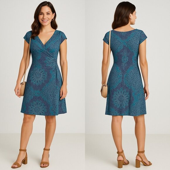 Jones New York Teal and Navy Mandala Print Faux Wrap Dress Size 6 - Picture 1 of 6